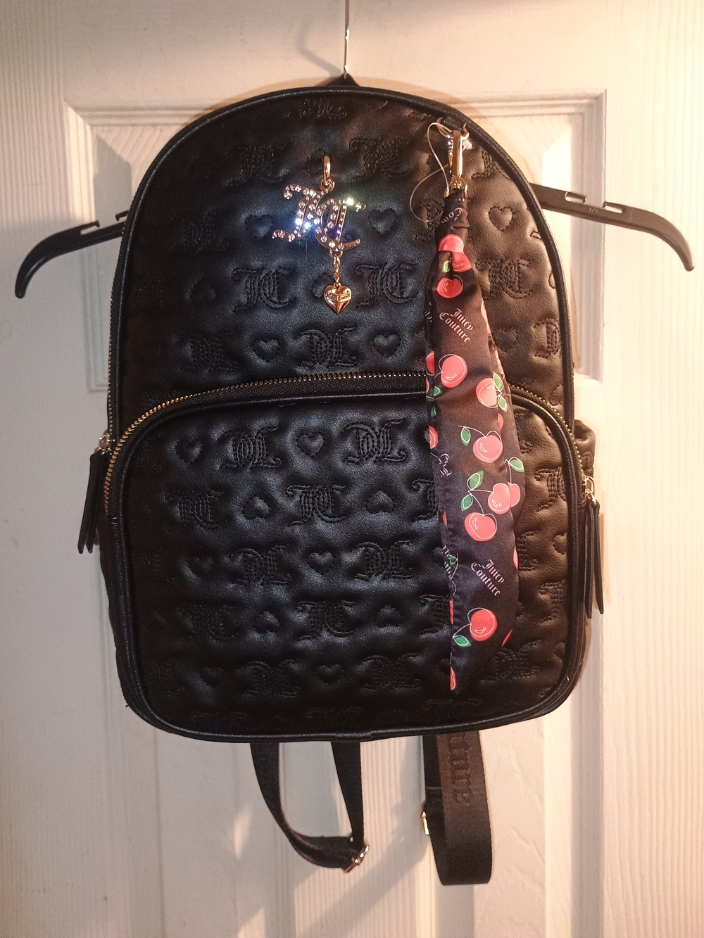 Juciy Courture Heart-Embossed Backpack with Charm and Cherry Scarf